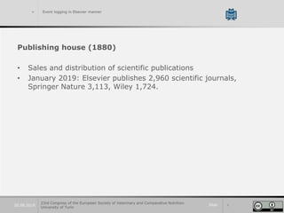 Slide 620.09.2019
> Event logging in Elsevier manner
Publishing house (1880)
• Sales and distribution of scientific publications
• January 2019: Elsevier publishes 2,960 scientific journals,
Springer Nature 3,113, Wiley 1,724.
23rd Congress of the European Society of Veterinary and Comparative Nutrition.
University of Turin
 