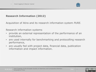 Slide 920.09.2019
> Event logging in Elsevier manner
Research Information (2012)
Acquisition of Atira and its research information system PURE.
Research information systems
• provide an external representation of the performance of an
institution,
• are used internally for benchmarking and protocolling research
performance,
• are usually fed with project data, financial data, publication
information and impact information.
23rd Congress of the European Society of Veterinary and Comparative Nutrition.
University of Turin
 
