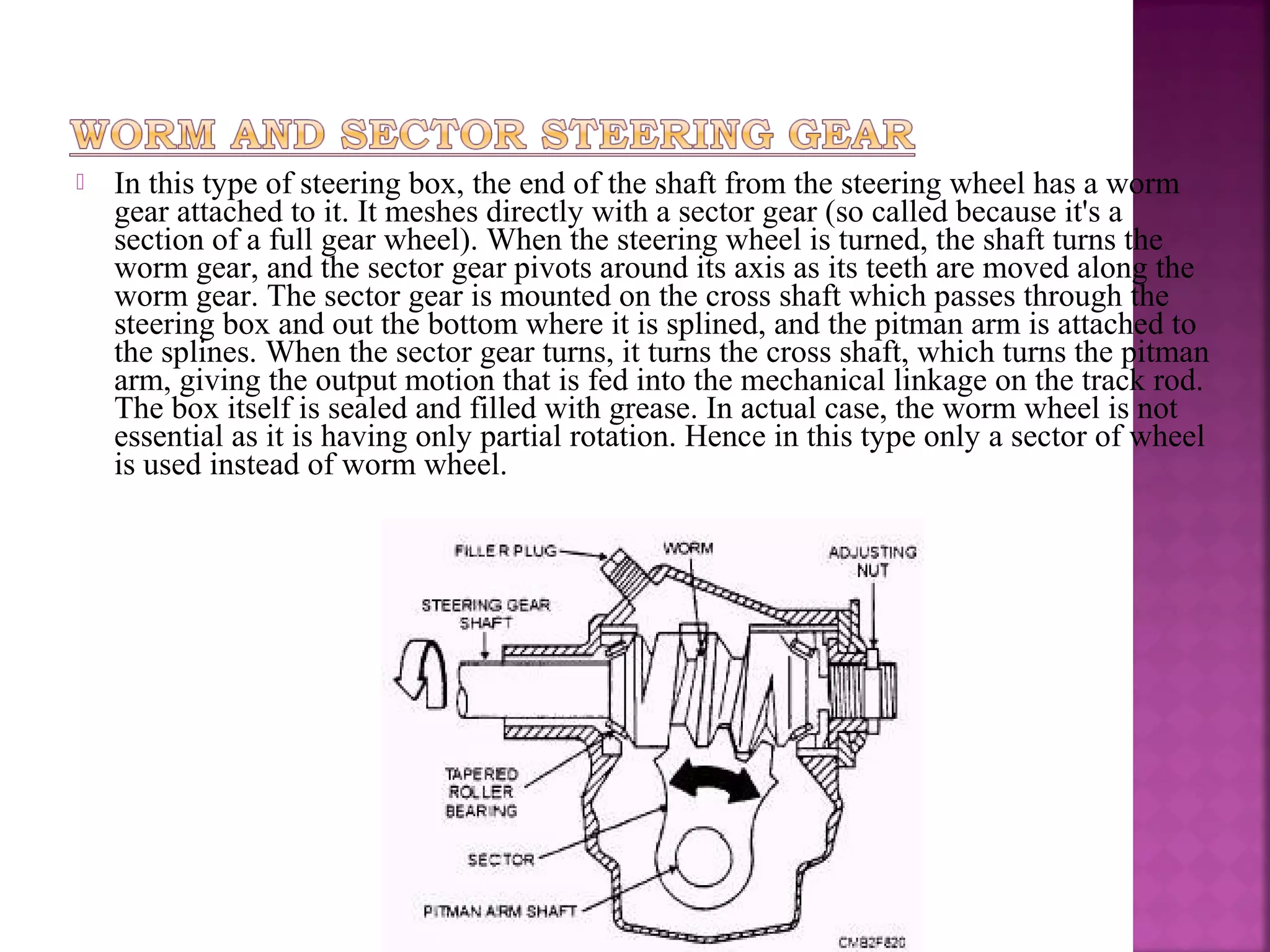    In this type of steering box, the end of the shaft from the steering wheel has a worm
    gear attached to it. It meshes directly with a sector gear (so called because it's a
    section of a full gear wheel). When the steering wheel is turned, the shaft turns the
    worm gear, and the sector gear pivots around its axis as its teeth are moved along the
    worm gear. The sector gear is mounted on the cross shaft which passes through the
    steering box and out the bottom where it is splined, and the pitman arm is attached to
    the splines. When the sector gear turns, it turns the cross shaft, which turns the pitman
    arm, giving the output motion that is fed into the mechanical linkage on the track rod.
    The box itself is sealed and filled with grease. In actual case, the worm wheel is not
    essential as it is having only partial rotation. Hence in this type only a sector of wheel
    is used instead of worm wheel.
 
