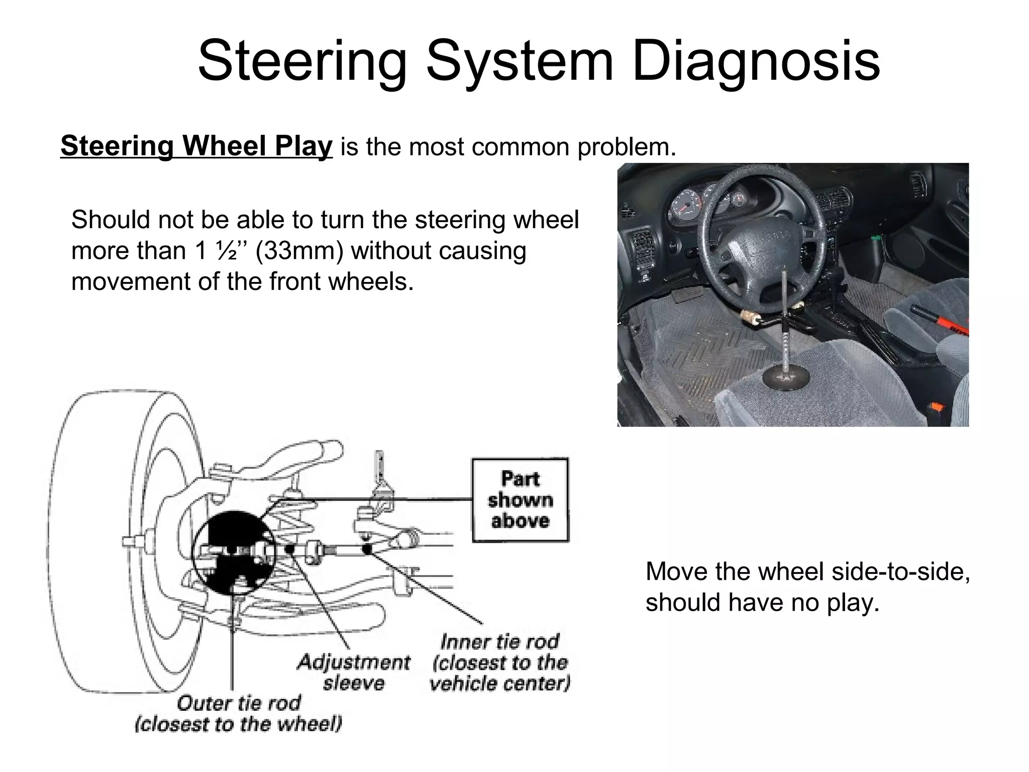 Steering System Diagnosis
Steering Wheel Play is the most common problem.
Should not be able to turn the steering wheel
more than 1 ½’’ (33mm) without causing
movement of the front wheels.
Move the wheel side-to-side,
should have no play.
 