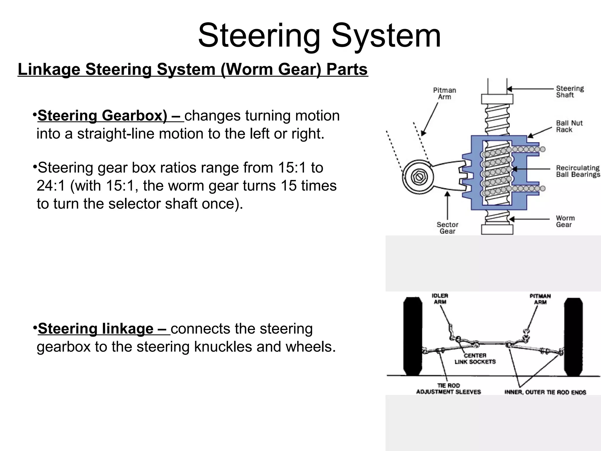Steering System
Linkage Steering System (Worm Gear) Parts
•Steering Gearbox) – changes turning motion
into a straight-line motion to the left or right.
•Steering gear box ratios range from 15:1 to
24:1 (with 15:1, the worm gear turns 15 times
to turn the selector shaft once).
•Steering linkage – connects the steering
gearbox to the steering knuckles and wheels.
 