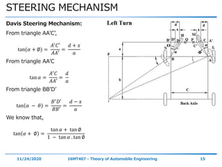 STEERING MECHANISM
11/24/2020 16MT407 - Theory of Automobile Engineering 15
Davis Steering Mechanism:
From triangle AA’C’,
tan(𝛼 + ∅) =
𝐴′ 𝐶′
𝐴𝐴′
=
𝑑 + 𝑥
𝑎
From triangle AA’C
tan 𝛼 =
𝐴′
𝐶
𝐴𝐴′
=
𝑑
𝑎
From triangle BB’D’
tan 𝛼 − 𝜃 =
𝐵′
𝐷′
𝐵𝐵′
=
𝑑 − 𝑥
𝑎
We know that,
tan 𝛼 + ∅ =
tan 𝛼 + tan ∅
1 − tan 𝛼 . tan ∅
α
αϴ
Φ
 