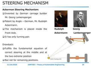 STEERING MECHANISM
11/24/2020 16MT407 - Theory of Automobile Engineering 19
Ackerman Steering Mechanism:
 Invented by German carriage builder
Mr. Georg Lankensperger.
 Patent by Anglo – German, Mr. Rudolph
Ackermann.
 The mechanism is placed inside the
Front Axle.
 It has only turning pair.
Drawback:
 Fulfills the fundamental equation of
correct steering at the middle and at
the two extreme position
 But not for remaining positions.
Georg
Lankensperger
Rudolph
Ackermann
 