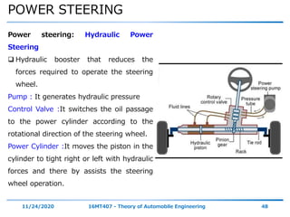 POWER STEERING
11/24/2020 16MT407 - Theory of Automobile Engineering 48
Power steering: Hydraulic Power
Steering
 Hydraulic booster that reduces the
forces required to operate the steering
wheel.
Pump : It generates hydraulic pressure
Control Valve :It switches the oil passage
to the power cylinder according to the
rotational direction of the steering wheel.
Power Cylinder :It moves the piston in the
cylinder to tight right or left with hydraulic
forces and there by assists the steering
wheel operation.
 
