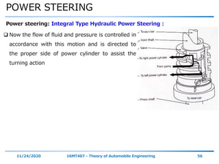 POWER STEERING
11/24/2020 16MT407 - Theory of Automobile Engineering 56
Power steering: Integral Type Hydraulic Power Steering :
 Now the flow of fluid and pressure is controlled in
accordance with this motion and is directed to
the proper side of power cylinder to assist the
turning action
 