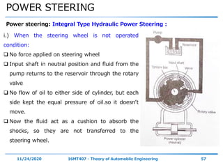 POWER STEERING
11/24/2020 16MT407 - Theory of Automobile Engineering 57
Power steering: Integral Type Hydraulic Power Steering :
i.) When the steering wheel is not operated
condition:
 No force applied on steering wheel
 Input shaft in neutral position and fluid from the
pump returns to the reservoir through the rotary
valve
 No flow of oil to either side of cylinder, but each
side kept the equal pressure of oil.so it doesn’t
move.
 Now the fluid act as a cushion to absorb the
shocks, so they are not transferred to the
steering wheel.
 