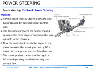 POWER STEERING
11/24/2020 16MT407 - Theory of Automobile Engineering 63
Power steering: Electronic Power Steering :
Working:
 Vehicle speed input & Steering sensors input
are processed by microprocessor control
unit.
 The ECU unit compares the sensor input &
calculate the force requirement from the look
up table in the memory.
 Now the control unit sends the signal to the
motor to assist the steering action by DC -
motor with the proper current flow direction.
 The motor pushes the rack to the right or
left side depending on which the way the
current flow.
 