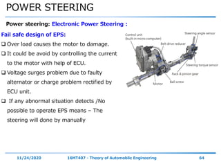 POWER STEERING
11/24/2020 16MT407 - Theory of Automobile Engineering 64
Power steering: Electronic Power Steering :
Fail safe design of EPS:
 Over load causes the motor to damage.
 It could be avoid by controlling the current
to the motor with help of ECU.
 Voltage surges problem due to faulty
alternator or charge problem rectified by
ECU unit.
 If any abnormal situation detects /No
possible to operate EPS means – The
steering will done by manually
 