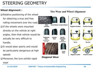 STEERING GEOMETRY
11/24/2020 16MT407 - Theory of Automobile Engineering 66
Wheel Alignment :
 Relative positioning of the wheel
for obtaining a true and free
rolling movement over the road.
 If the wheels were mounted
directly on the vehicle at right
angles, then that vehicle would be
actually be very difficult to
handle.
 It would steer poorly and would
be particularly dangerous at high
speeds
 Moreover, the tyre exhibit rapid
wear
Diagonal Wear
 