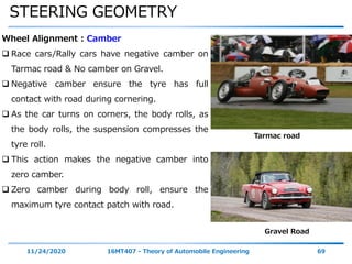 STEERING GEOMETRY
11/24/2020 16MT407 - Theory of Automobile Engineering 69
Wheel Alignment : Camber
 Race cars/Rally cars have negative camber on
Tarmac road & No camber on Gravel.
 Negative camber ensure the tyre has full
contact with road during cornering.
 As the car turns on corners, the body rolls, as
the body rolls, the suspension compresses the
tyre roll.
 This action makes the negative camber into
zero camber.
 Zero camber during body roll, ensure the
maximum tyre contact patch with road.
Tarmac road
Gravel Road
 