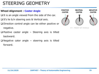 STEERING GEOMETRY
11/24/2020 16MT407 - Theory of Automobile Engineering 79
Wheel Alignment : Caster Angle
 It is an angle viewed from the side of the car.
 It’s lie b/n steering axis & Vertical axis.
 Direction control angle can be either positive or
negative.
 Positive caster angle – Steering axis is tilted
backward.
 Negative cater angle – steering axis is tilted
forward.
 