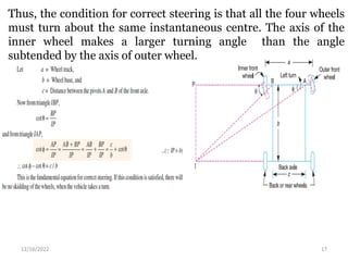 12/16/2022 17
Thus, the condition for correct steering is that all the four wheels
must turn about the same instantaneous centre. The axis of the
inner wheel makes a larger turning angle than the angle
subtended by the axis of outer wheel.
 