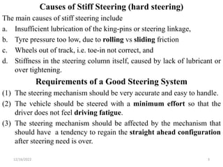 Causes of Stiff Steering (hard steering)
The main causes of stiff steering include
a. Insufficient lubrication of the king-pins or steering linkage,
b. Tyre pressure too low, due to rolling vs sliding friction
c. Wheels out of track, i.e. toe-in not correct, and
d. Stiffness in the steering column itself, caused by lack of lubricant or
over tightening.
Requirements of a Good Steering System
(1) The steering mechanism should be very accurate and easy to handle.
(2) The vehicle should be steered with a minimum effort so that the
driver does not feel driving fatigue.
(3) The steering mechanism should be affected by the mechanism that
should have a tendency to regain the straight ahead configuration
after steering need is over.
3
12/16/2022
 