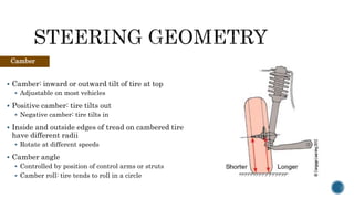 Camber
 Camber: inward or outward tilt of tire at top
 Adjustable on most vehicles
 Positive camber: tire tilts out
 Negative camber: tire tilts in
 Inside and outside edges of tread on cambered tire
have different radii
 Rotate at different speeds
 Camber angle
 Controlled by position of control arms or struts
 Camber roll: tire tends to roll in a circle
 