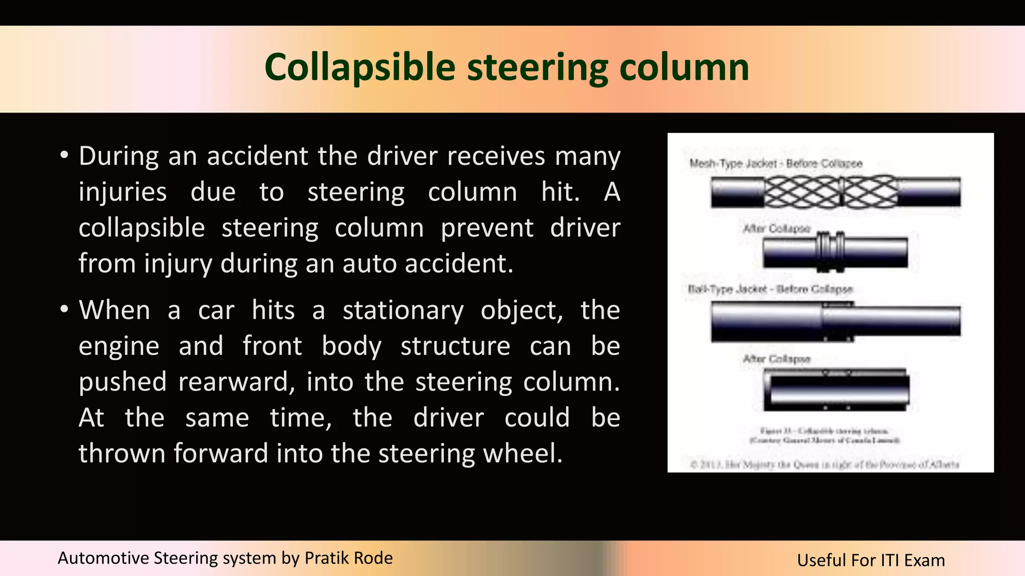 Useful For ITI Exam
Automotive Steering system by Pratik Rode
Collapsible steering column
• During an accident the driver receives many
injuries due to steering column hit. A
collapsible steering column prevent driver
from injury during an auto accident.
• When a car hits a stationary object, the
engine and front body structure can be
pushed rearward, into the steering column.
At the same time, the driver could be
thrown forward into the steering wheel.
 