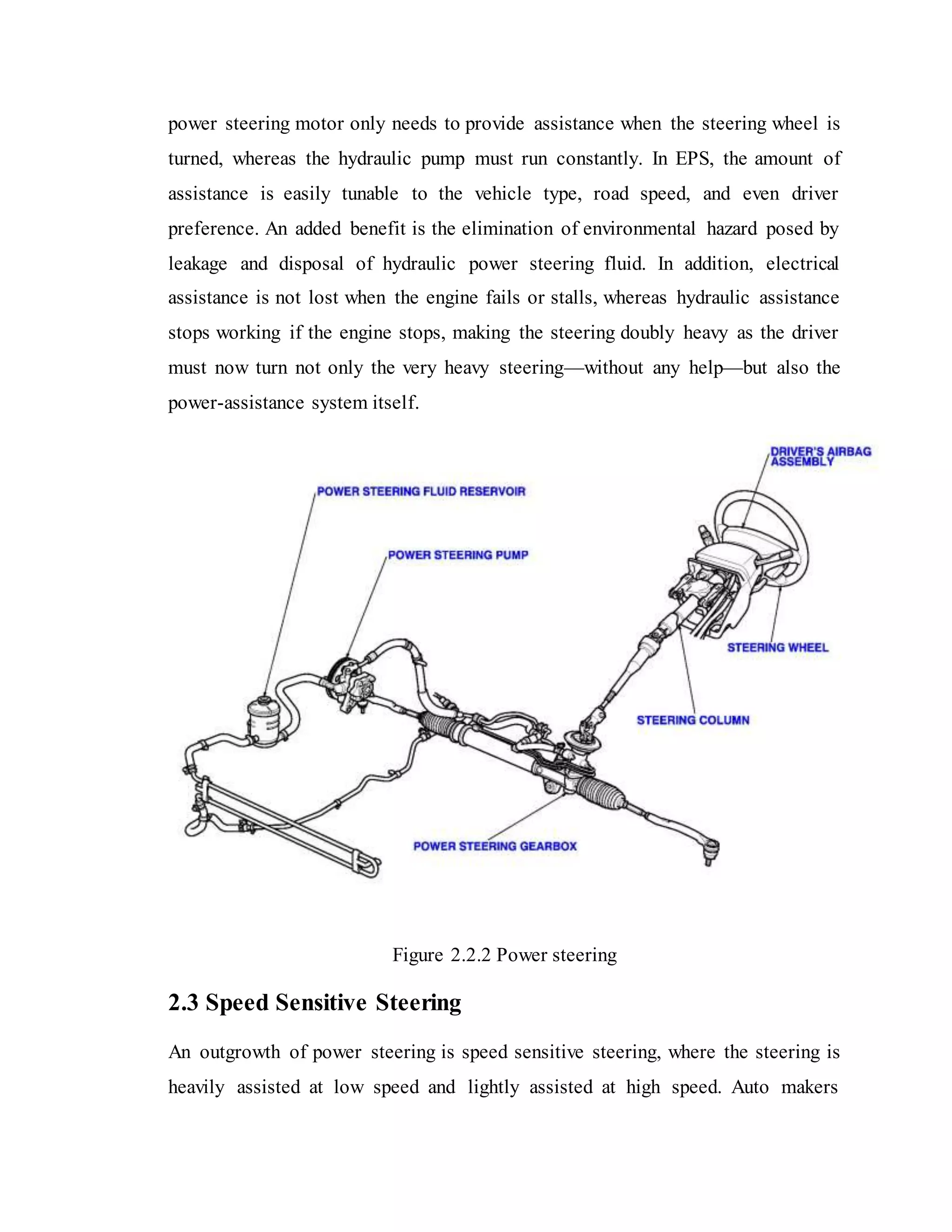 power steering motor only needs to provide assistance when the steering wheel is
turned, whereas the hydraulic pump must run constantly. In EPS, the amount of
assistance is easily tunable to the vehicle type, road speed, and even driver
preference. An added benefit is the elimination of environmental hazard posed by
leakage and disposal of hydraulic power steering fluid. In addition, electrical
assistance is not lost when the engine fails or stalls, whereas hydraulic assistance
stops working if the engine stops, making the steering doubly heavy as the driver
must now turn not only the very heavy steering—without any help—but also the
power-assistance system itself.
Figure 2.2.2 Power steering
2.3 Speed Sensitive Steering
An outgrowth of power steering is speed sensitive steering, where the steering is
heavily assisted at low speed and lightly assisted at high speed. Auto makers
 