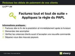 © 2014 Steery, Tous droits réservés
Réduisez les délais de paiement de vos clients
La 2ème clé
Informations pratiques :
þ  Facturez dès la ﬁn de la prestation et immédiatement après la livraison
þ  Demandez des acomptes
þ  Vériﬁez les créances clients avant d’accepter une nouvelle commande
þ  Séparez-vous des mauvais payeurs
Facturez tout et tout de suite +
Appliquez la règle du PAPL
 