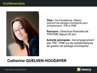 © 2014 Steery, Tous droits réservés
Conférencière
Titre : Co-Fondatrice, Steery
Solution de pilotage d’entreprise pour
entrepreneurs, TPE et PME
Parcours : Directrice ﬁnancière de
TPE/PME depuis 20 ans
Activité principale : Accompagnement
des TPE / PME sur les problématiques
de gestion de pilotage d’entreprise
Catherine QUELVEN-HOUDAYER
 