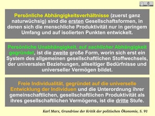 Persönliche Abhängigkeitsverhältnisse (zuerst ganz
naturwüchsig) sind die ersten Gesellschaftsformen, in
denen sich die menschliche Produktivität nur in geringem
Umfang und auf isolierten Punkten entwickelt.
Persönliche Unabhängigkeit, auf sachlicher Abhängigkeit
gegründet, ist die zweite große Form, worin sich erst ein
System des allgemeinen gesellschaftlichen Stoffwechsels,
der universalen Beziehungen, allseitiger Bedürfnisse und
universeller Vermögen bildet.
Freie Individualität, gegründet auf die universelle
Entwicklung der Individuen und die Unterordnung ihrer
gemeinschaftlichen, gesellschaftlichen Produktivität als
ihres gesellschaftlichen Vermögens, ist die dritte Stufe.
Karl Marx, Grundrisse der Kritik der politischen Ökonomie, S. 91
 