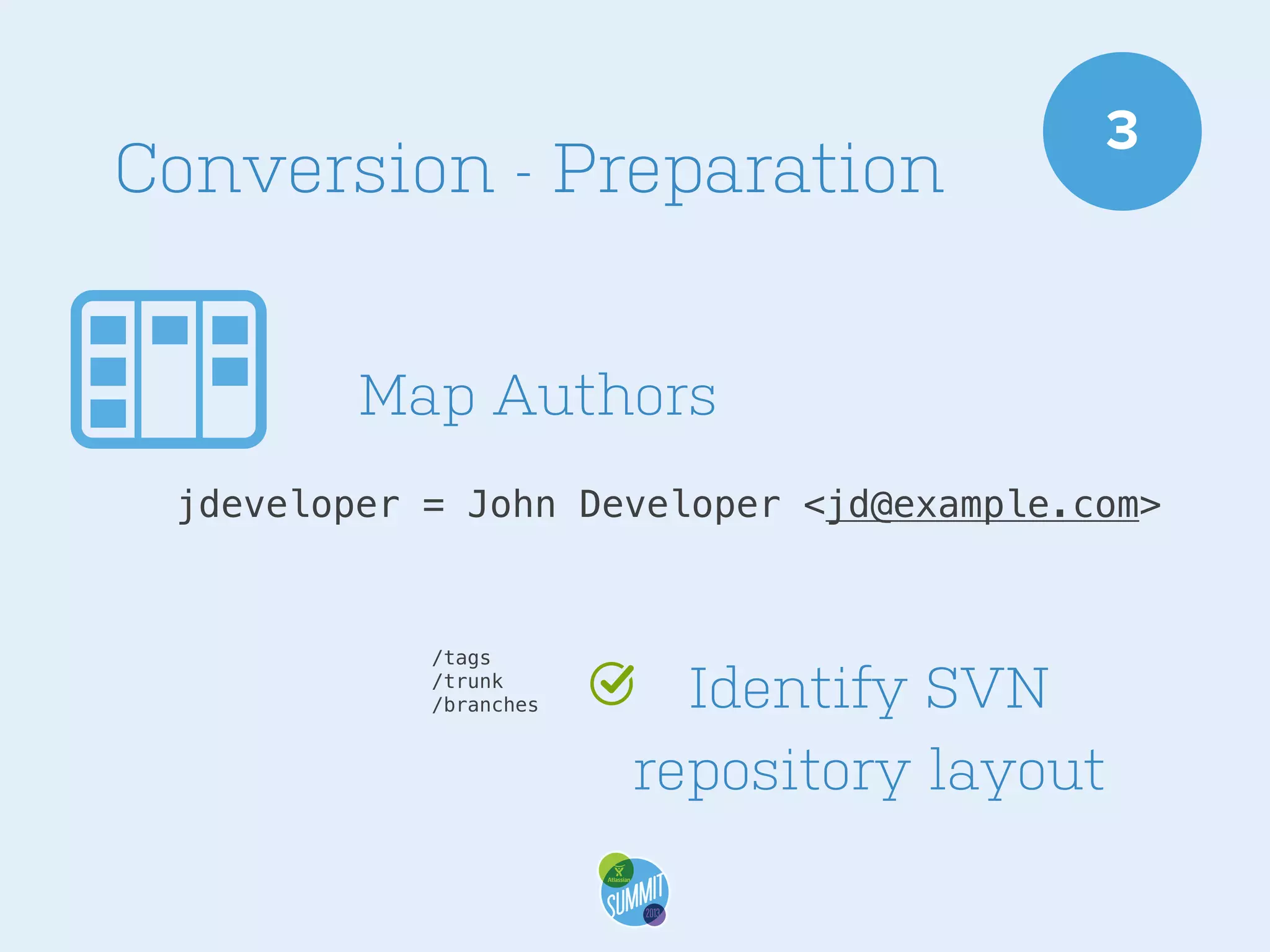 Conversion - Preparation

3

Map Authors
jdeveloper = John Developer <jd@example.com>

/tags
/trunk
/branches

Identify SVN
repository layout

 