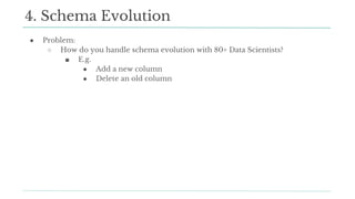 ● Problem:
○ How do you handle schema evolution with 80+ Data Scientists?
■ E.g.
● Add a new column
● Delete an old column
4. Schema Evolution
 