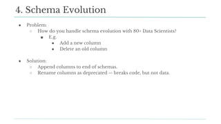 ● Problem:
○ How do you handle schema evolution with 80+ Data Scientists?
■ E.g.
● Add a new column
● Delete an old column
● Solution:
○ Append columns to end of schemas.
○ Rename columns as deprecated -- breaks code, but not data.
4. Schema Evolution
 