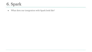● What does our integration with Spark look like?
6. Spark
 