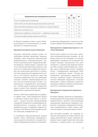 13
Перспективы ветроэнергетического рынка в России
В таблице 6 приведены ответы в целом. Факто-
ры ранжируются по степени важности, от наибо-
лее важного к наименее важному.
Преодоление финансовых барьеров
Некоторые опрошенные эксперты считают, что
необходимо решение финансовых барьеров,
например, через повышение инвестиционной
привлекательности ветроэнергетических про-
ектов или дополнительное государственное фи-
нансирование. Первый вариант возможен или
за счет увеличения инвестиций в проекты (в том
числе за счет привлечения зарубежных инвесто-
ров, для которых важна доступность и понима-
ние схем государственной поддержки в России),
или за счет снижения процентных ставок при
получении аккредитива (при этом необходимо
учитывать основные макроэкономические ри-
ски, в том числе валютные курсы). Второе – до-
полнительное государственное финансирова-
ние – является одним из возможных вариантов,
однако, должно быть прозрачно реализовано
эффективным и действенным образом.
Конечно, любой вид государственной поддерж-
ки требует также, чтобы разработчики проекта
и инвесторы готовили свои проекты в соответ-
ствии с самыми высокими международными
стандартами. Внутренние и международные ве-
троэнергетические ассоциации могут играть
определенную роль в поддержке создания по-
тенциала в этой области путем проведения учеб-
ных семинаров, конференций и т.д.
В сложившейся макроэкономической ситуации
высокая степень локализации производства в
случае развития отечественного конкурентоспо-
собного оборудования выступает как альтернати-
ва дорогому оборудованию и запасным частям,
которые требуется импортировать из-за рубежа.
Преодоление инфраструктурных и се-
тевых барьеров
Многое можно извлечь из опыта стран с разви-
тыми ветроэнергетическими рынками, так как
данные страны так же сталкивались со схожими
проблемами и находили пути их решения. Уже
сегодня некоторые национальные сети могут
справляться с средней долей ветровой энергии
(до 40% в общем энергопотреблении), напри-
мер, Дания. Гармонизация сетевых стандартов
России с общемировыми представляет собой
долгий и трудоёмкий процесс. Поэтому для
исправления существующих недостатков Си-
стемному Оператору Единой Энергетической
Системы необходимо сотрудничать с частными
компаниями, которые предлагают конкретные
изменения в правила устройства электроустано-
вок (ПУЭ) и отраслевые стандарты.
Преодоление нормативно-правовых
барьеров
Во-первых, барьеры, связанные со стандартами, в
основном должны быть рассмотрены российским
Правительством, в частности, путем обновления
существующих национальных стандартов в соот-
ветствии с последними стандартами IEC. Консуль-
тации заинтересованных сторон позволят упро-
стить этот процесс и не упустить важные аспекты.
При этом важно понимать, что, например, зе-
мельное законодательство тяжело изменить под
нужды ветроэнергетики, однако, обширная тер-
ритория страны создаёт возможности для ухода
инвестора в соседний регион, где, возможно,
Предложения для изолированных регионов
В4
В5
Да Нет
Частно-государственное партнерство 12 1 4,2
Более гибкая система финансирования для данных регионов 8 5 4,2
Увеличение финансирования научных проектов по освоению Арктики 8 5 3,9
Увеличение налоговых льгот 8 5 3,9
Привлечение зарубежных партнеров (в т.ч. зарубежных инвесторов) 6 7 3,6
Улучшение инфраструктуры удаленных регионов 6 7 3,5
 