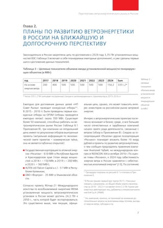 7
Перспективы ветроэнергетического рынка в России
Глава 2.
Планы по развитию ветроэнергетики
в России на ближайшую и
долгосрочную перспективу
Законодательно в России закреплена цель по достижению к 2024 году 3,35 ГВт установленных мощ-
ностей ВЭС (таблица 3 включает в себя планируемые ежегодные дополнения), и уже сделаны первые
шаги к достижению данных показателей.
год 2017 2018 2019 2020 2021 2022 2023 2024 Sum
На основе
энергии ветра
200 400 500 500 500 500 500 150,2 3351,2*
Ежегодно для достижения данных целей «НП
Совет Рынка» проводит конкурсные отборы3,4
.
В 2015 - 2016 гг. были проведены первые кон-
курсные отборы на ОРЭМ (отборы проводятся
ежегодно летом): около 700 МВт. Существует
более 50 компаний, способных работать на ве-
троэнергетическом рынке России (таблица В.1
Приложения В), три компании на сегодняшний
день имеют по результатам отборов выигранные
проекты (актуальная информация по экономи-
ческой смете проектов – коммерческая тайна,
она не является публично открытой):
	Государственная корпорация по атомной энер-
гии «Росатом» - 610 МВт в Республике Адыгея
и Краснодарском крае (план ввода мощно-
стей: в 2018 г. – 150 МВт, в 2019 г. – 200 МВт,
в 2020 г. – 360 МВт);
	ALTEN Ltd (Falcon Capital a.s.) - 51 МВт в Респу-
блике Калмыкии;
	ОАО «Фортум» - 35 МВт в Ульяновской обла-
сти.
Согласно проекту REmap-21 Международного
агентства по возобновляемой энергетике IRENA
установленная мощность ветроэнергетических
установок в России может достичь 24,3 ГВт к
2050 г., часть которой будет экспортироваться.
Это существенно выше, чем текущая, офици-
альная цель, однако, это может повысить инте-
рес инвесторов на российском рынке ветровой
энергии.
Интерес к ветроэнергетическим проектам посте-
пенно возникает в бизнес среде, и все большее
число отечественных и зарубежных компаний
начали своего рода деятельности, связанные с
ветром (обзор в Приложении В). Следом за го-
скорпорацией «Росатом» другая госкорпорация
«Роснано» планирует вложить более 10 млрд
рублей в проекты по развитию ветроэнергетики,
о чем сообщил председатель правления компа-
нии Анатолий Чубайс на международном кон-
грессе REENCON-XXI в октябре 2016 г. По оцен-
ке главы «Роснано», к 2024 году себестоимость
энергии ветра в России сравняется с себестои-
мостью ископаемой энергии5
[13]. По состоянию
3
Процедуры показаны на рисунке Б.1 и описаны в При-
ложении Б
4
В России прошёл первый круг торгов 2017 г. Пока рано
говорить о результатах, но общий объём нового строитель-
ства на 2018 – 2022 гг составляет почти 2,5 ГВт. Кроме уже
известных действующих лиц, добавилась итальянская компа-
ния Enel S.p.A. [РАВИ]
5
Это замечание, конечно, не принимает во внимание до-
полнительные затраты на ископаемые виды топлива, выгоды
от энергии ветра, субсидии и пр.
Таблица 3 –
Целевые
показатели
объемов ввода
установленной
мощности
генерирующих
объектов
(в МВт)
Таблица 3 – Целевые показатели объемов ввода установленной мощности генерирую-
щих объектов (в МВт)
* Число 3351.2 ГВт учитывает построенные станции и запланированные к строительству в 2015-2016 гг.
 