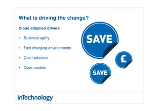 What is driving the change?
Cloud adoption drivers

• Business agility

• Fast changing environments

• Cost reduction

• Opex models
 