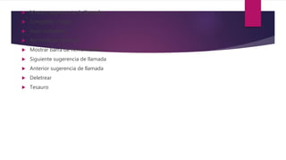  Mostrar sugerencia de llamada
 Completar código
 Auto completar
 Re-nombrar símbolos
 Mostrar barra de herramientas
 Siguiente sugerencia de llamada
 Anterior sugerencia de llamada
 Deletrear
 Tesauro
 