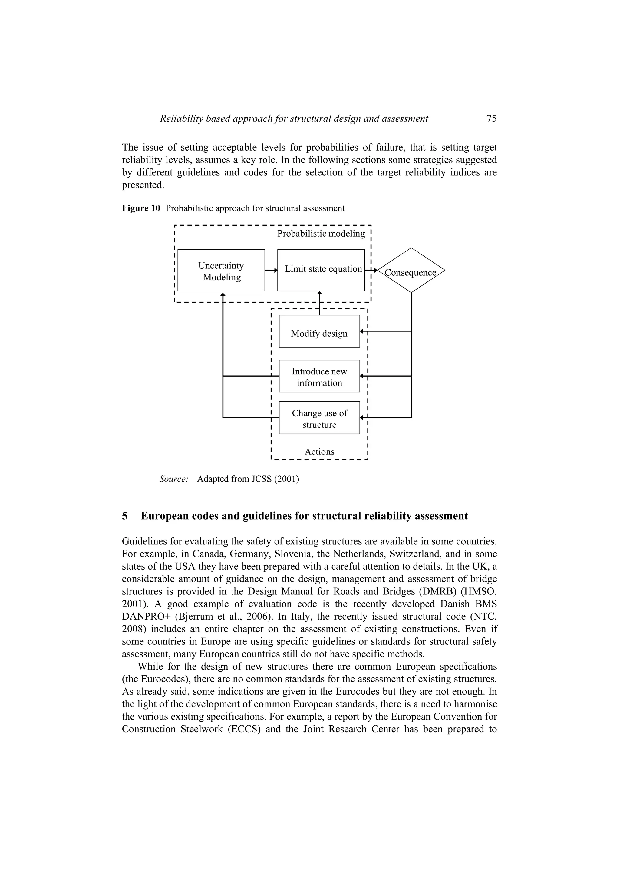Reliability based approach for structural design and assessment                 75

The issue of setting acceptable levels for probabilities of failure, that is setting target
reliability levels, assumes a key role. In the following sections some strategies suggested
by different guidelines and codes for the selection of the target reliability indices are
presented.

Figure 10 Probabilistic approach for structural assessment

                                        Probabilistic modeling


                   Uncertainty            Limit state equation
                    Modeling                                     Consequence




                                           Modify design


                                            Introduce new
                                             information


                                            Change use of
                                              structure

                                               Actions

         Source: Adapted from JCSS (2001)


5   European codes and guidelines for structural reliability assessment

Guidelines for evaluating the safety of existing structures are available in some countries.
For example, in Canada, Germany, Slovenia, the Netherlands, Switzerland, and in some
states of the USA they have been prepared with a careful attention to details. In the UK, a
considerable amount of guidance on the design, management and assessment of bridge
structures is provided in the Design Manual for Roads and Bridges (DMRB) (HMSO,
2001). A good example of evaluation code is the recently developed Danish BMS
DANPRO+ (Bjerrum et al., 2006). In Italy, the recently issued structural code (NTC,
2008) includes an entire chapter on the assessment of existing constructions. Even if
some countries in Europe are using specific guidelines or standards for structural safety
assessment, many European countries still do not have specific methods.
    While for the design of new structures there are common European specifications
(the Eurocodes), there are no common standards for the assessment of existing structures.
As already said, some indications are given in the Eurocodes but they are not enough. In
the light of the development of common European standards, there is a need to harmonise
the various existing specifications. For example, a report by the European Convention for
Construction Steelwork (ECCS) and the Joint Research Center has been prepared to
 