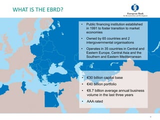 WHAT IS THE EBRD?
2
• €30 billion capital base
• €40 billion portfolio
• €8.7 billion average annual business
volume in the last three years
• AAA rated
• Public financing institution established
in 1991 to foster transition to market
economies
• Owned by 65 countries and 2
intergovernmental organisations
• Operates in 35 countries in Central and
Eastern Europe, Central Asia and the
Southern and Eastern Mediterranean
 