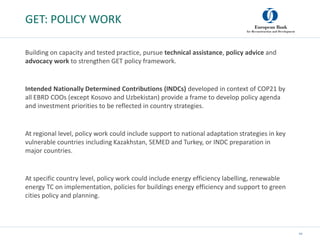 GET: POLICY WORK
20
Building on capacity and tested practice, pursue technical assistance, policy advice and
advocacy work...