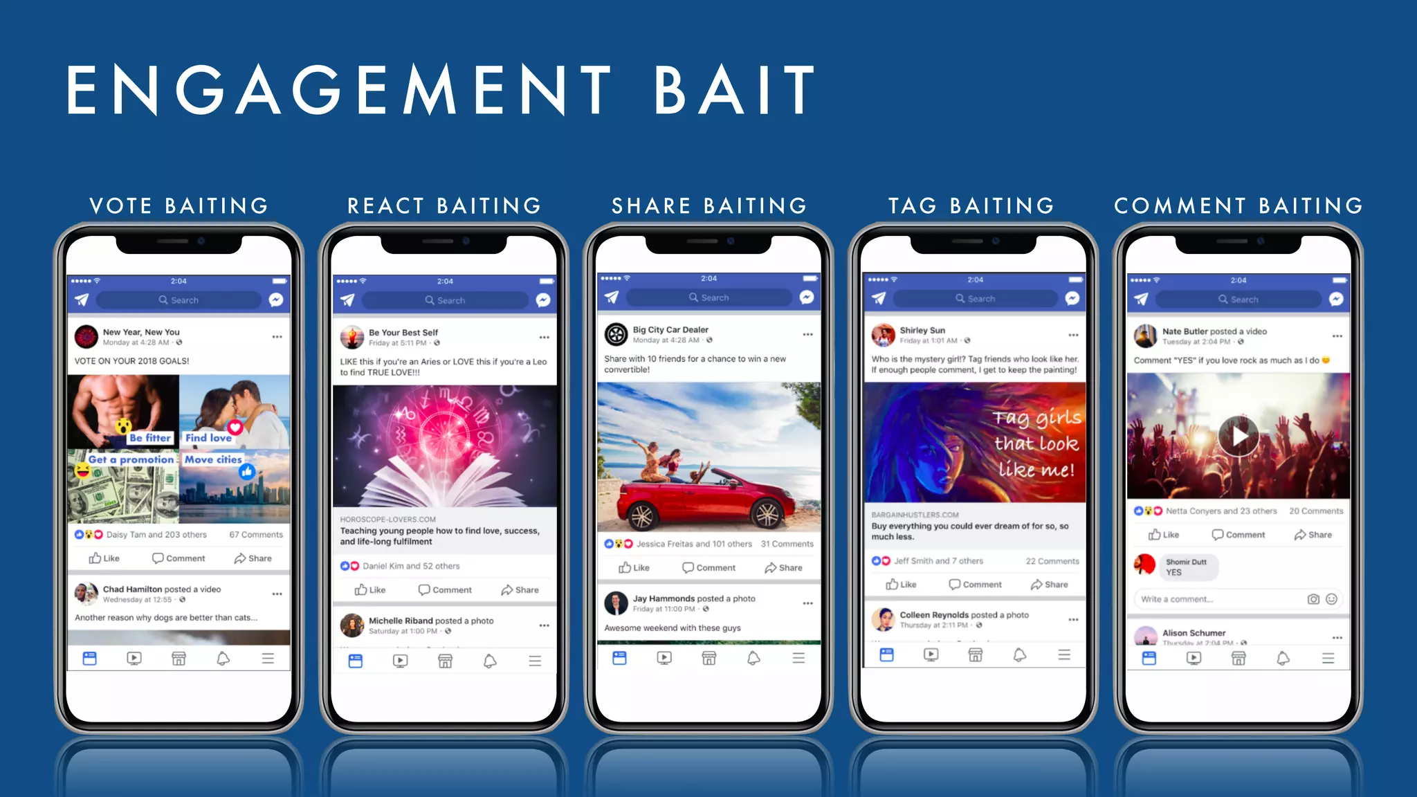 E N GAG E M E N T BA I T
VOT E BA I T I N G R E AC T BA I T I N G S H A R E BA I T I N G TAG BA I T I N G C O M M E N T BA I T I N G