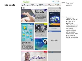 Não logado
Fazer login/
cadastro
Ao clicar na
edição da Revista
à direita, se o
usuário não
estiver logado, ele
será convidado a
fazer login/
cadastro. Caso
esteja logado,
poderá clicar e ter
ao o conteúdo
ﬁltrado por edição
 