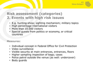 Risk assessment (categories)
4. Special events
• Concerts
• Sports events
• AGM
• Company events (christmas celebration…)
...