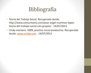 Bibliografía
• Teoría del Trabajo Social. Recuperado desde:
http://www.comunitania.com/jose-angel-martinez-lopez-
teoria-del-trabajo-social-con-grupos/ . 14/07/2013
• Cindy montero. 2009, practica social productiva. Recuperado
desde: www.scribd.com . 14/07/2013
 