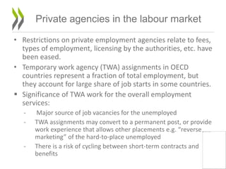 • Restrictions on private employment agencies relate to fees,
types of employment, licensing by the authorities, etc. have
been eased.
• Temporary work agency (TWA) assignments in OECD
countries represent a fraction of total employment, but
they account for large share of job starts in some countries.
 Significance of TWA work for the overall employment
services:
- Major source of job vacancies for the unemployed
- TWA assignments may convert to a permanent post, or provide
work experience that allows other placements e.g. “reverse
marketing” of the hard-to-place unemployed
- There is a risk of cycling between short-term contracts and
benefits
15
Private agencies in the labour market
 