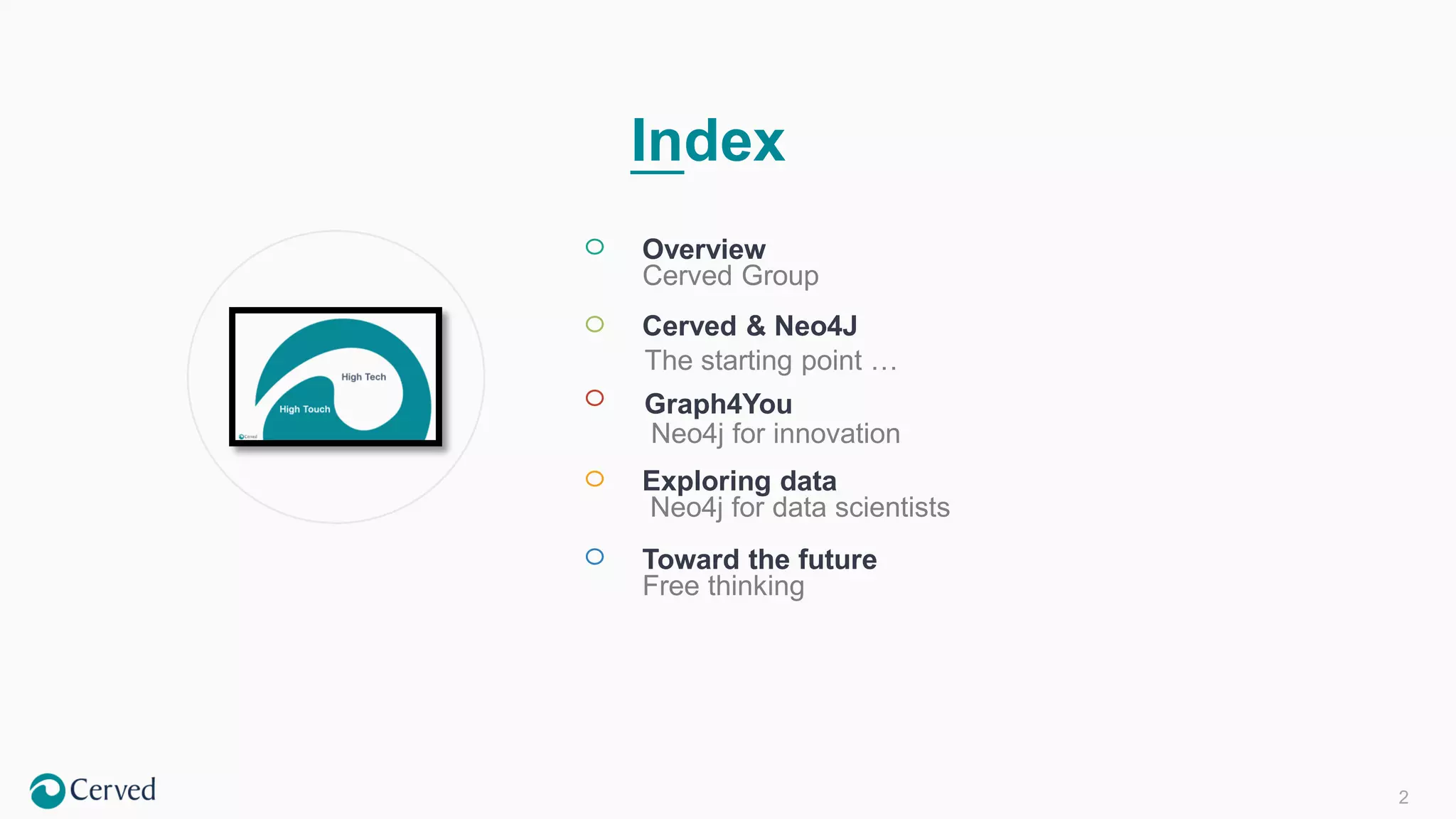 2
Index
Overview
Cerved Group
Cerved & Neo4J
Exploring data
Neo4j for data scientists
Toward the future
Free thinking
Graph4You
Neo4j for innovation
The starting point …
 