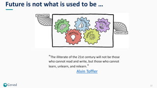 23
Future is not what is used to be …
"The illiterate of the 21st century will not be those
who cannot read and write, but those who cannot
learn, unlearn, and relearn."
Alvin Toffler
 