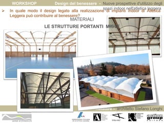 WORKSHOP Design del benessere - Nuove prospettive d'utilizzo degli 
spazi indoor nell'atletica leggera 
 In quale modo il design legato alla realizzazione di impianti indoor di Atletica 
Relatore - architetto Stefano Longhi 
Leggera può contribuire al benessere? 
ARCHITETTO STEFANO LONGHI 
MATERIALI 
LE STRUTTURE PORTANTI MISTE 
 