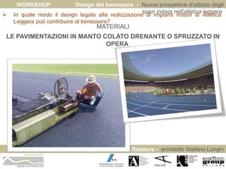 WORKSHOP Design del benessere - Nuove prospettive d'utilizzo degli 
spazi indoor nell'atletica leggera 
 In quale modo il design legato alla realizzazione di impianti indoor di Atletica 
Relatore - architetto Stefano Longhi 
Leggera può contribuire al benessere? 
ARCHITETTO STEFANO LONGHI 
MATERIALI 
LE PAVIMENTAZIONI IN MANTO COLATO DRENANTE O SPRUZZATO IN 
OPERA 
 
