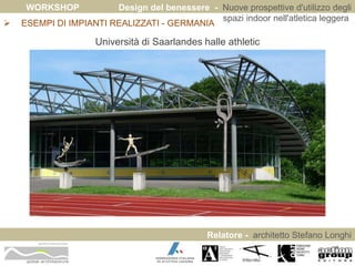 WORKSHOP Design del benessere - Nuove prospettive d'utilizzo degli 
spazi indoor nell'atletica leggera 
 ESEMPI DI IMPIANTI REALIZZATI - GERMANIA 
Relatore - architetto Stefano Longhi 
ARCHITETTO STEFANO LONGHI 
Università di Saarlandes halle athletic 
 