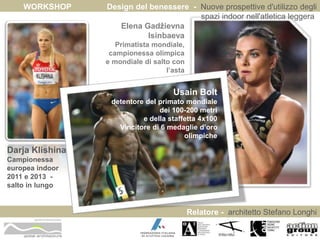 WORKSHOP Design del benessere - Nuove prospettive d'utilizzo degli 
spazi indoor nell'atletica leggera 
Relatore - architetto Stefano Longhi 
Darja Klishina 
Campionessa 
europea indoor 
2011 e 2013 - 
salto in lungo 
ARCHITETTO STEFANO LONGHI 
Elena Gadžievna 
Isinbaeva 
Primatista mondiale, 
campionessa olimpica 
e mondiale di salto con 
l’asta 
Usain Bolt 
detentore del primato mondiale 
dei 100-200 metri 
e della staffetta 4x100 
Vincitore di 6 medaglie d’oro 
olimpiche 
 