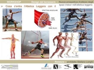 WORKSHOP Design del benessere - Nuove prospettive d'utilizzo degli 
spazi indoor nell'atletica leggera 
 Cosa c’entra l’Atletica Leggera con il 
Relatore - architetto Stefano Longhi 
benessere? 
ARCHITETTO STEFANO LONGHI 
 