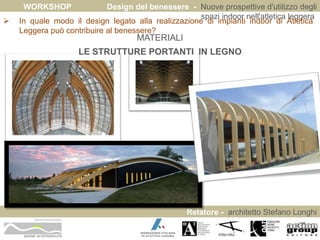 WORKSHOP Design del benessere - Nuove prospettive d'utilizzo degli 
spazi indoor nell'atletica leggera 
 In quale modo il design legato alla realizzazione di impianti indoor di Atletica 
Relatore - architetto Stefano Longhi 
Leggera può contribuire al benessere? 
ARCHITETTO STEFANO LONGHI 
MATERIALI 
LE STRUTTURE PORTANTI IN LEGNO 
 