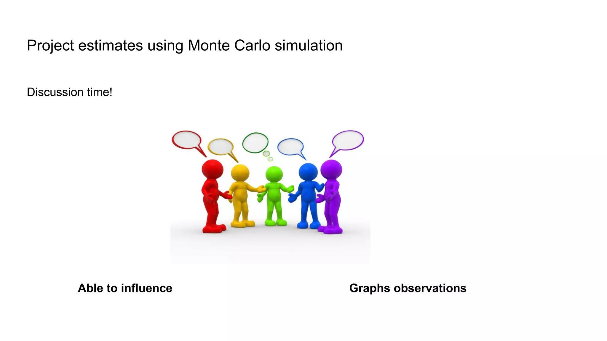 Discussion time!
Project estimates using Monte Carlo simulation
Able to influence Graphs observations
 
