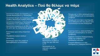 Health Analytics – Πού θα θέλαμε να πάμε
 Αξιολόγηση: Σύγκριση
Νοσοκομείων με βάση το
στόχο που έχει τεθεί από
το ΥΥ
 Νοσοκομεία με την
καλύτερη / χειρότερη
επίδοση
 Δυνατότητα ελέγχου και σύγκρισης με τα
ομοειδή Νοσοκομεία (π.χ. Ογκολογικά)
 Δυνατότητα ελέγχου και σύγκρισης με ιδίου
μεγέθους Νοσοκομεία (Αριθμός Κλινών)
 Δυνατότητα σύγκρισης με Νοσοκομεία της
Περιφέρειας ή των μεγάλων πόλεων
 Δυνατότητα σύγκρισης με cut offs (π.χ. με
τον μέσο όρο της προηγούμενης χρονιάς)
 Έλεγχος για το πόσα νοσοκομεία έχουν
υποβάλει δεδομένα για τη συγκεκριμένη
μεταβλητή
 Έλεγχος για το αν έχουν συμπληρωθεί
όλα τα δεδομένα από τους φορείς ώστε
το αποτέλεσμα να είναι αντικειμενικό
 Εντοπισμός τιμών εκτός επιτρεπτών
ορίων
 Παραβιάσεις λογικών κανόνων
 Ασυνέπειες
 Εντοπισμός τιμών που μπορεί να
διαστρεβλώσουν το αποτέλεσμα
 Συγκεντρωτικά vs. αναλυτικά δεδομένα
(σύγκριση αποτελεσμάτων σε κοινές
μεταβλητές)
 Εμφάνιση ποσοστού διαφοροποίησης
μεταξύ των υποβολών των
νοσοκομείων ανά μήνα
 Σύγκριση δεδομένων με τρίτα
συστήματα (π.χ. δεδομένα ΕΟΠΥΥ)
Dashboard
 