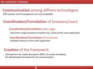 My contribution: Challenges
Coordination/Correlation of instances
Communication among diffrent technologies
Coordination/Correlation of browsers/users
Coordination/Correlation inter-page
Creation of the framework
BPEL process and UI components are not compatible
Data from a page (master) to another one (slave) of the same application
Multiple instances of the same application
Starting from the model description (BPEL-UI) create and deploy
the (distributed) framework for the communication
 
